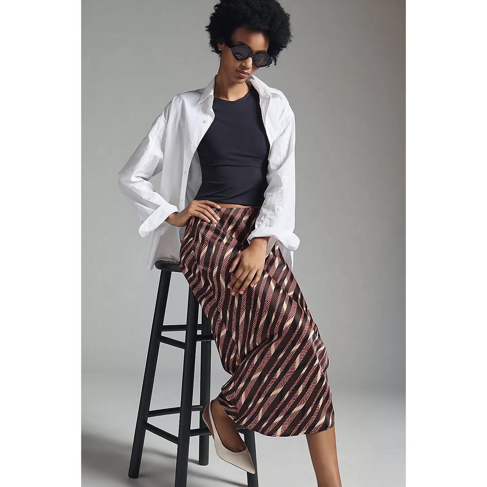 Anthropologie Satin Slip Midi Skirt Small Neutral Print Brown Red Tan y2k - Picture 5 of 10